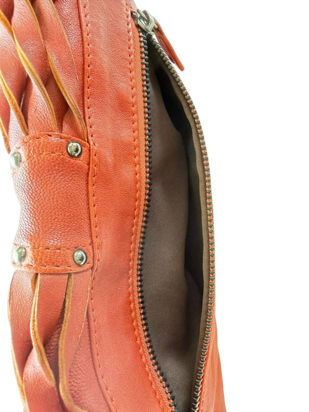 7Chi Rust Cognac Leather Clutch Braided Detailing Stud Accents Zipper - Picture 8 of 12